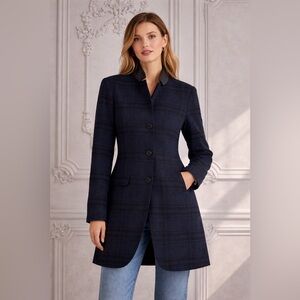 Akris Double Sided Navy Plaid Button Leather Trim Women's Jacket with Pockets